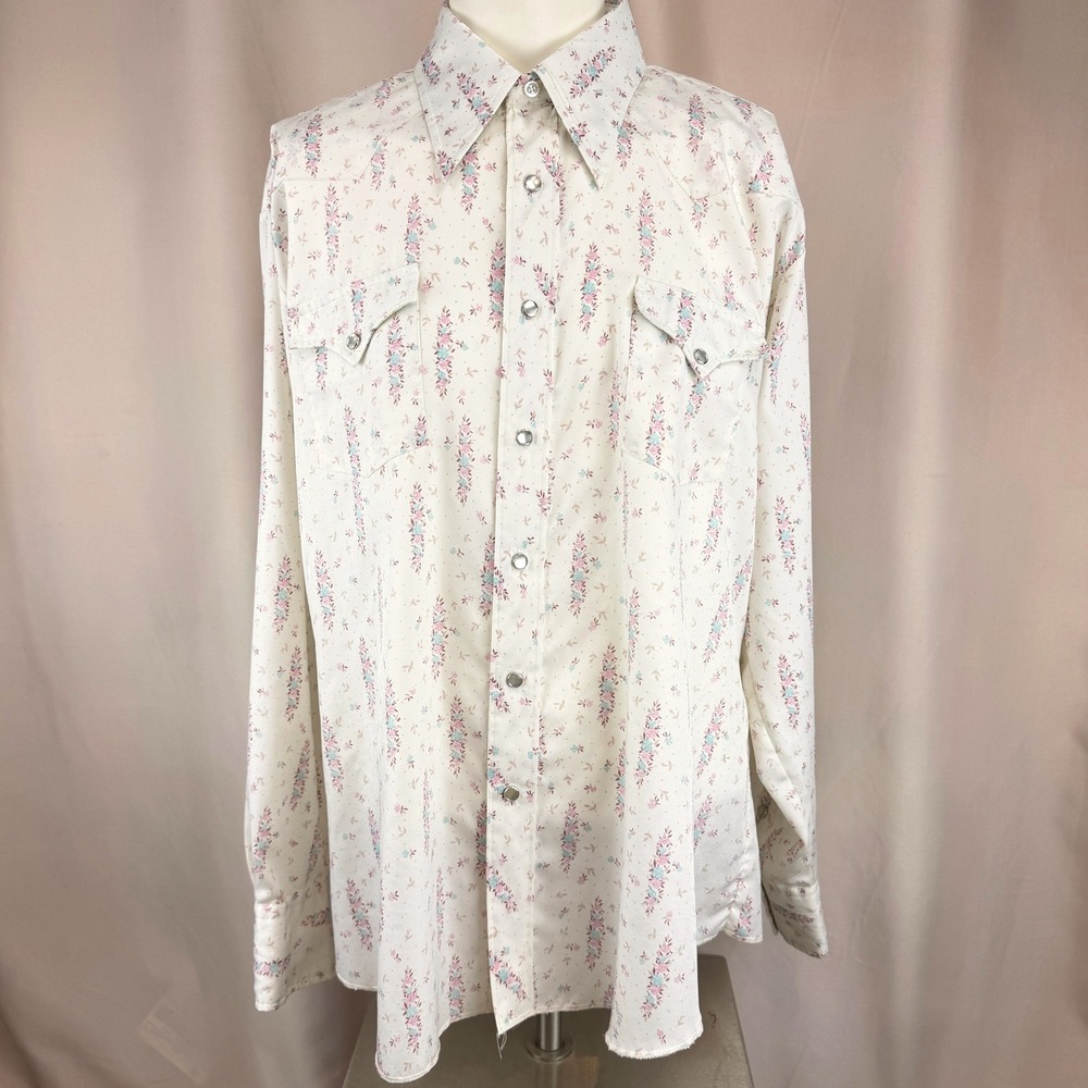 Vintage 70s H BAR C Pearl Snap Western Shirt|XXL|Ivory Pastel Floral Dagger USA